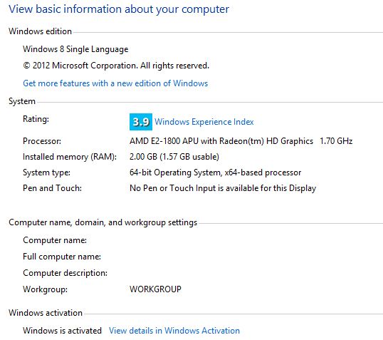 windows experience index sony vaio sve11125