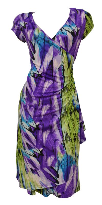 ... Purple Green Painterly Cap Sleeve Faux Wrap Day Dress Size 12 New