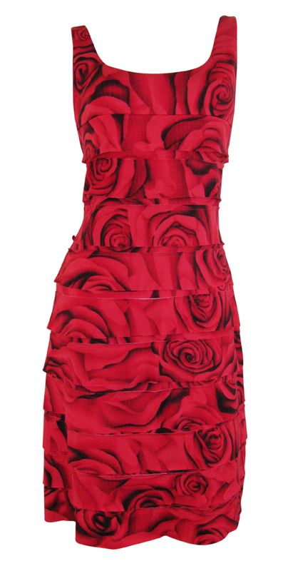 Details about Red Black Rose Print Sleeveless Shutter Pleat Dress Size ...