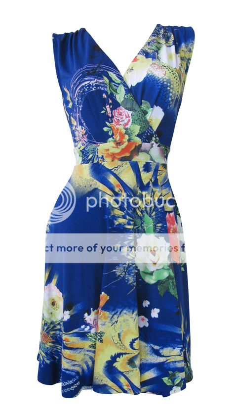 French Blue Rose Print Stretch Day Dress Tori Size 14 New