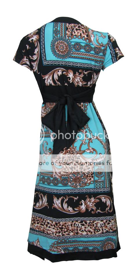 Blue & Black Border Print Stretch Day Dress Aaliyah Size 8 New