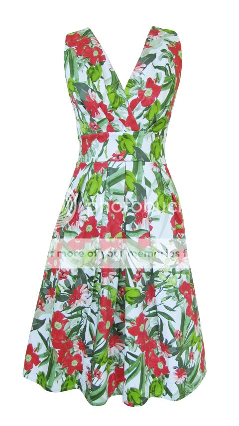 Red Green Floral Print 50s Style Day Dress Lucille Size 10 New