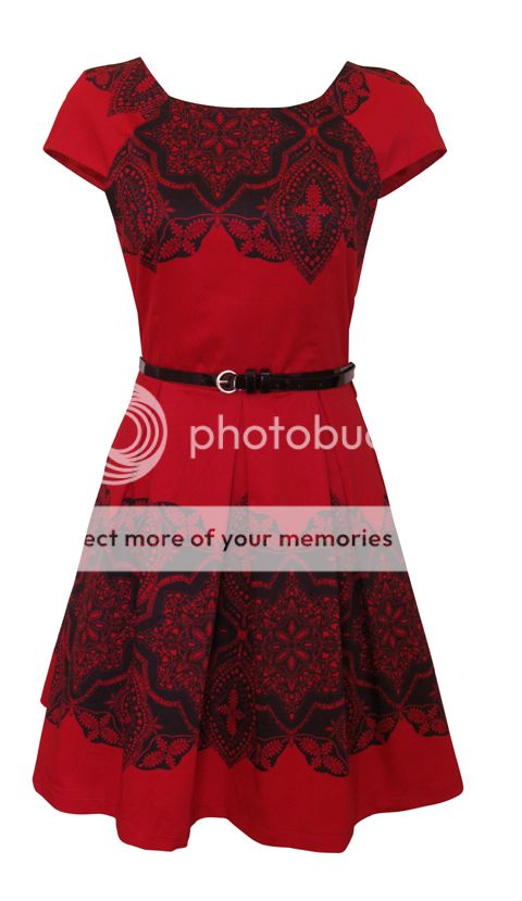 Red Black Lace Print 50s Style Day Dress Trista Size 14 New