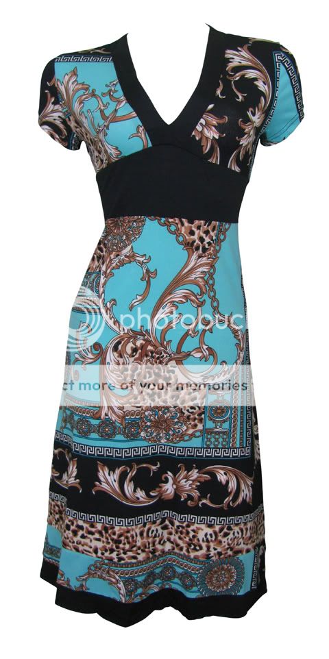 Blue Black Border Print Stretch Day Dress Aaliyah Size 8 New